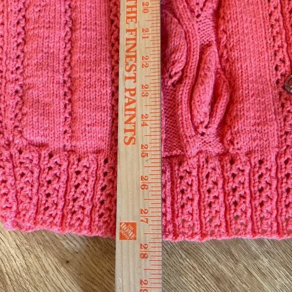 Vintage Hand-Knit Coral Cardigan Sweater Leaf Bobble Cozy Grandma Knubby Cottag - Picture 5 of 7